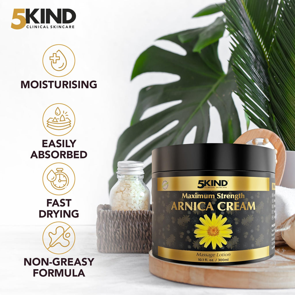 5kind Extra Strong Arnica Cream for Bruising and Swelling 10.1 Fl Oz - Arnica Bruise Cream Extra Strength Fast Healing Thin Skin - High Concentration Arnica Montana Extract for Bruises-Natural Formula - TrustMedUSA