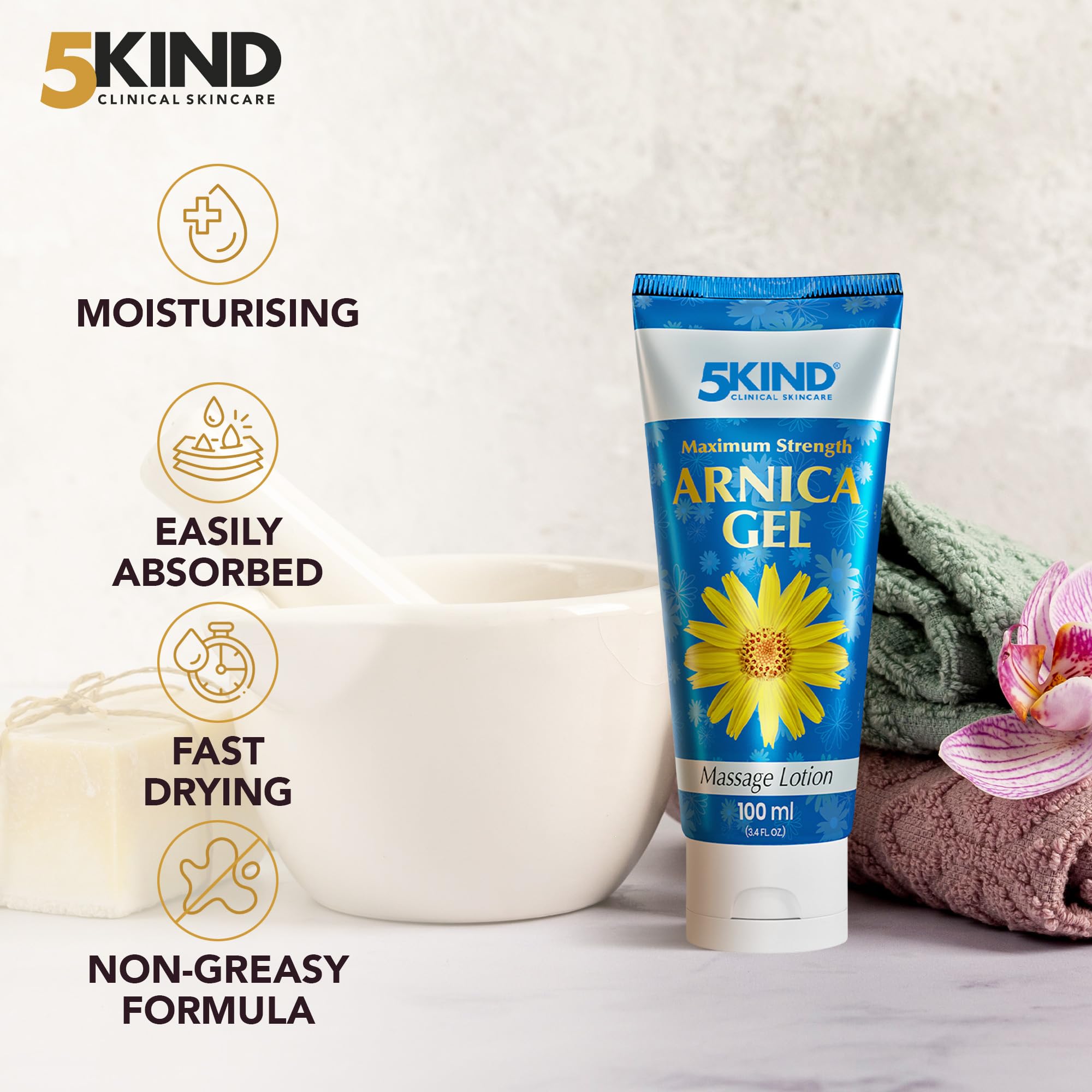 5kind Maximum Strength Arnica Bruise Gel 3.4 Fl Oz - Arnica Gel for Bruising and Swelling - Arnica Montana Gel with High Concentration Extract - Non-Greasy Formula - TrustMedUSA