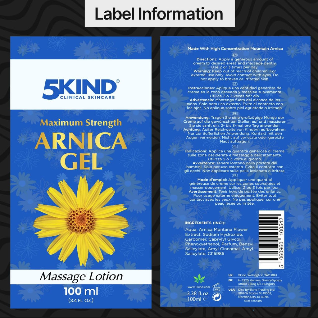 5kind Maximum Strength Arnica Bruise Gel 3.4 Fl Oz - Arnica Gel for Bruising and Swelling - Arnica Montana Gel with High Concentration Extract - Non-Greasy Formula - TrustMedUSA