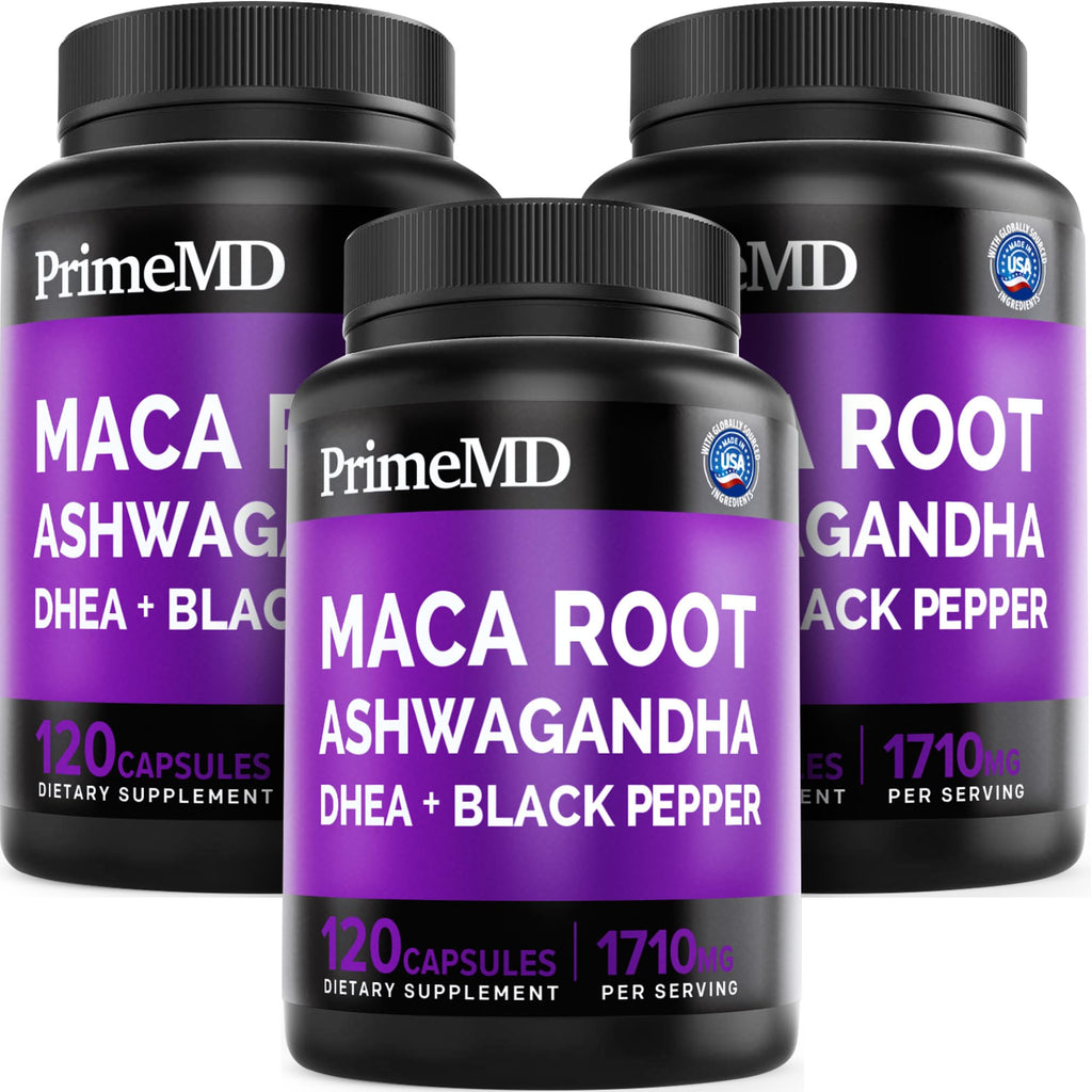 6-in-1 Organic Maca Root Ashwagandha Capsules 1710mg with DHEA and Black Pepper Fruit Extract for Women and Men - Black Maca Supplement for Stamina, Bone and Mood Support Supplement, 120ct (Pack of 3) - TrustMedUSA