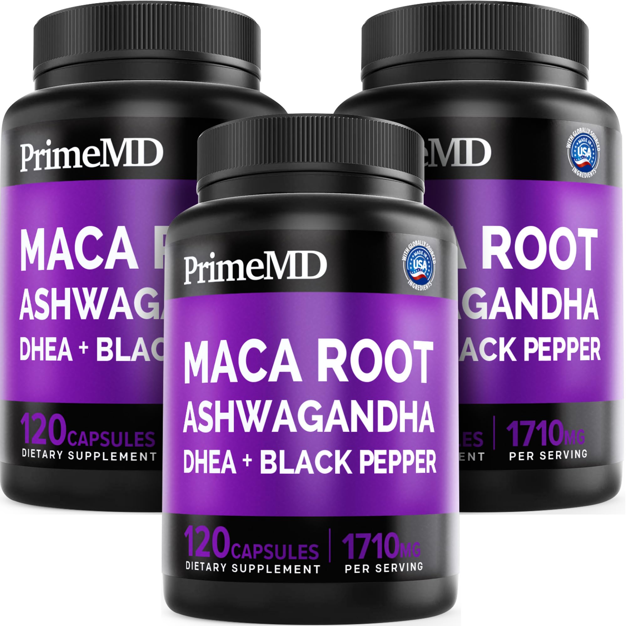 6-in-1 Organic Maca Root Ashwagandha Capsules 1710mg with DHEA and Black Pepper Fruit Extract for Women and Men - Black Maca Supplement for Stamina, Bone and Mood Support Supplement, 120ct (Pack of 3) - TrustMedUSA
