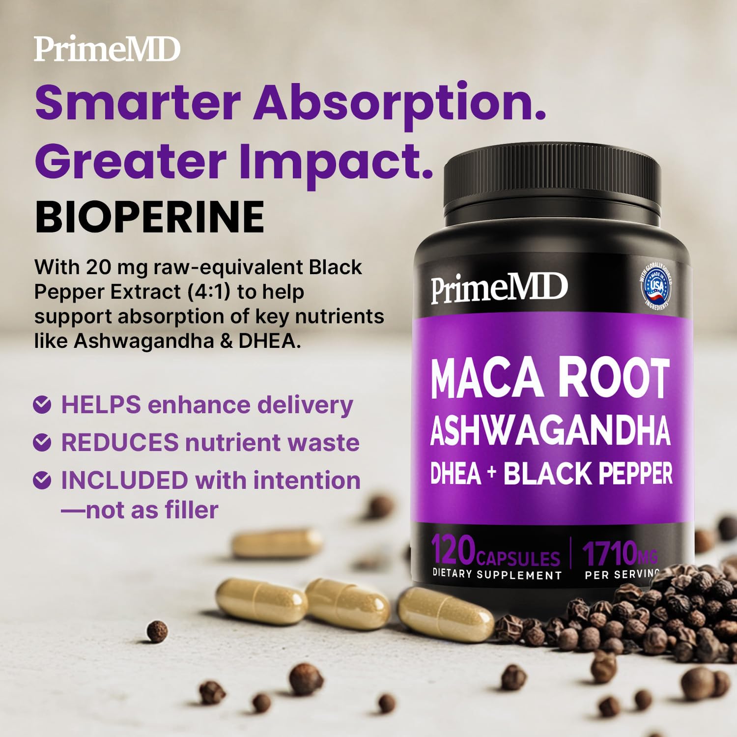 6-in-1 Organic Maca Root Ashwagandha Capsules 1710mg with DHEA and Black Pepper Fruit Extract for Women and Men - Black Maca Supplement for Stamina, Bone and Mood Support Supplement, 120ct (Pack of 3) - TrustMedUSA
