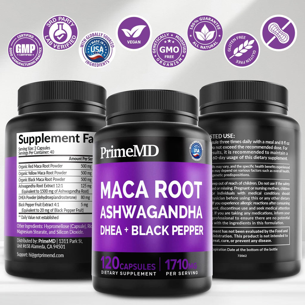 6-in-1 Organic Maca Root Ashwagandha Capsules 1710mg with DHEA and Black Pepper Fruit Extract for Women and Men - Black Maca Supplement for Stamina, Bone and Mood Support Supplement, 120ct (Pack of 3) - TrustMedUSA