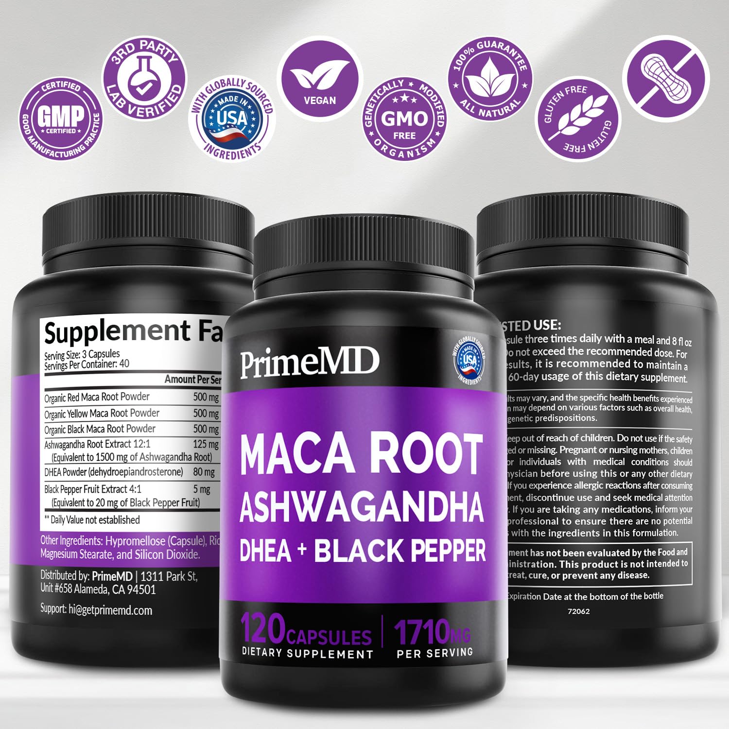 6-in-1 Organic Maca Root Ashwagandha Capsules 1710mg with DHEA and Black Pepper Fruit Extract for Women and Men - Black Maca Supplement for Stamina, Bone and Mood Support Supplement, 120ct (Pack of 3) - TrustMedUSA