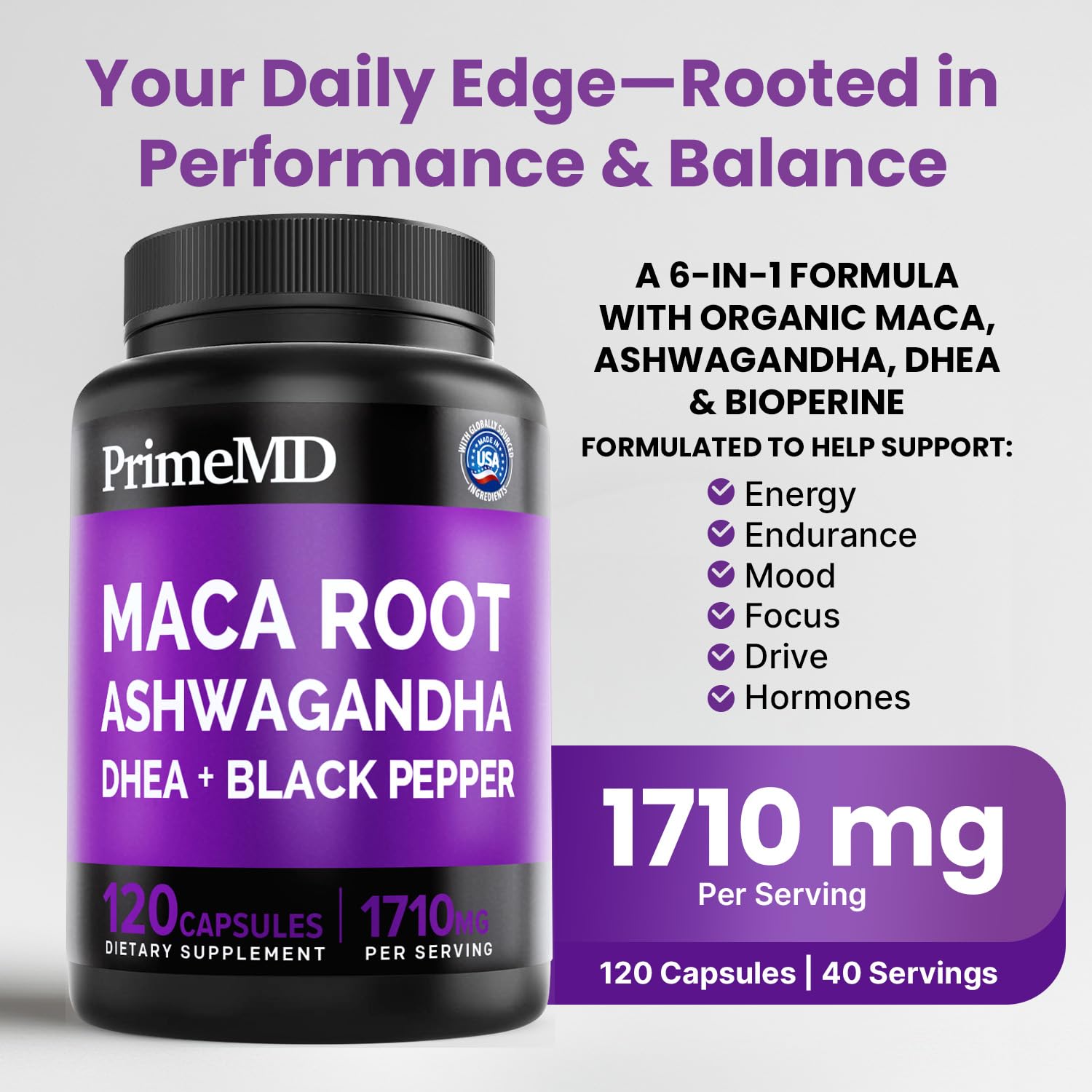 6-in-1 Organic Maca Root Ashwagandha Capsules 1710mg with DHEA and Black Pepper Fruit Extract for Women and Men - Black Maca Supplement for Stamina, Bone and Mood Support Supplement, 120ct (Pack of 3) - TrustMedUSA