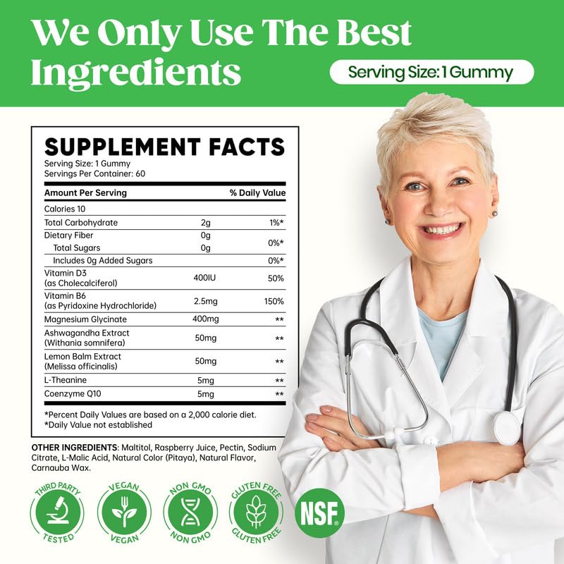 60 Day Supply Magnesium Glycinate 400mg Gummies with Ashwagandha, L-Theanine, CoQ10, Vitamin D3 & B6, Sugar Free Magnesium Gummies for Adults & Kids, Stress Relief, Sleep & Calm, Vegan, Gluten Free - TrustMedUSA