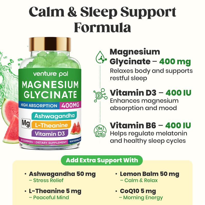60 Day Supply Magnesium Glycinate 400mg Gummies with Ashwagandha, L-Theanine, CoQ10, Vitamin D3 & B6, Sugar Free Magnesium Gummies for Adults & Kids, Stress Relief, Sleep & Calm, Vegan, Gluten Free - TrustMedUSA