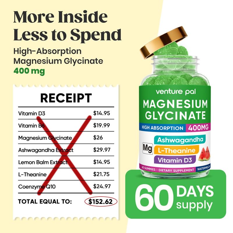 60 Day Supply Magnesium Glycinate 400mg Gummies with Ashwagandha, L-Theanine, CoQ10, Vitamin D3 & B6, Sugar Free Magnesium Gummies for Adults & Kids, Stress Relief, Sleep & Calm, Vegan, Gluten Free - TrustMedUSA