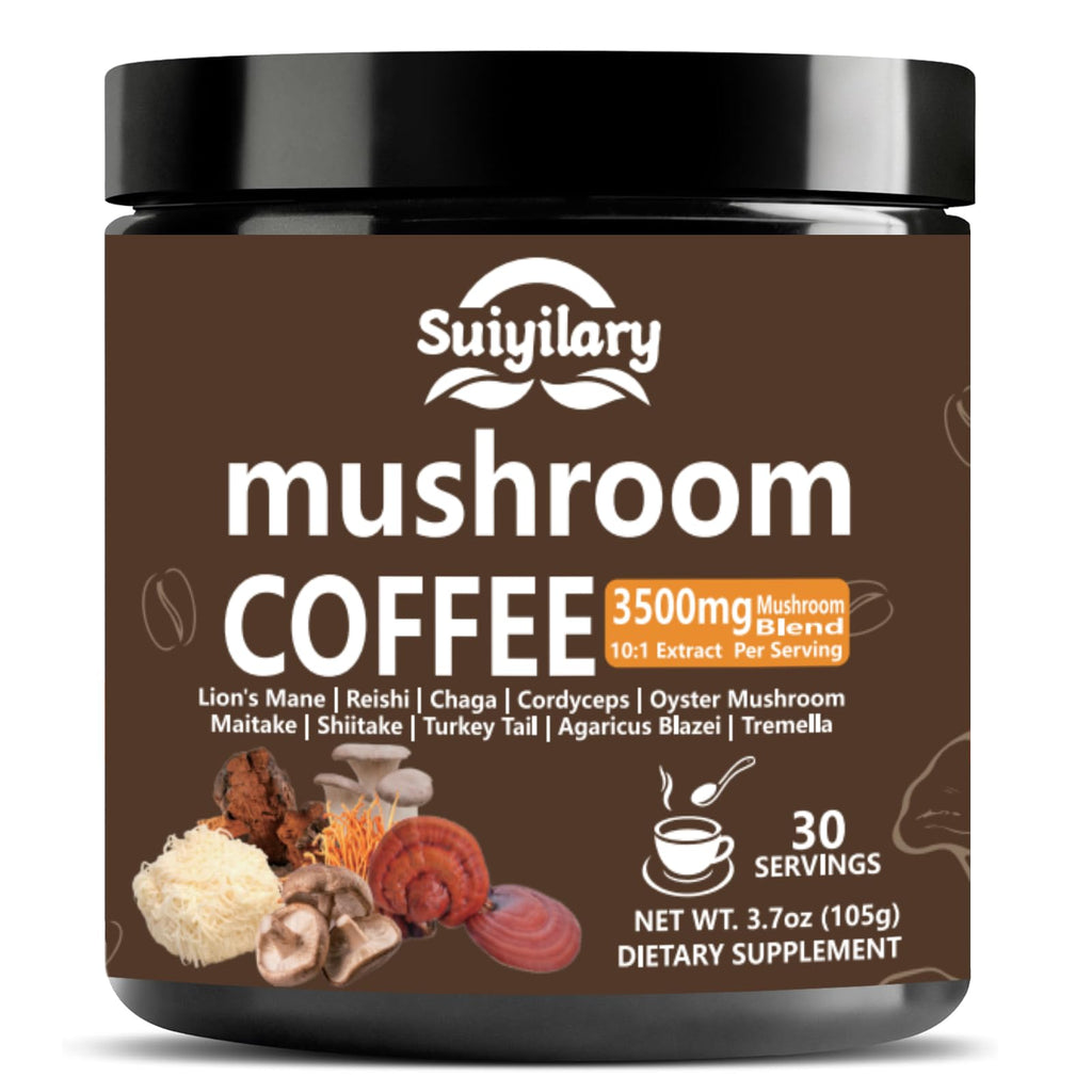 Suiyilary 10 Mushroom Coffee with Arabica w, Lion's Mane, Reishi, Mushroom Polysaccharides & More, Instant Mushrooms Powder for Focus, Immunity Boost,