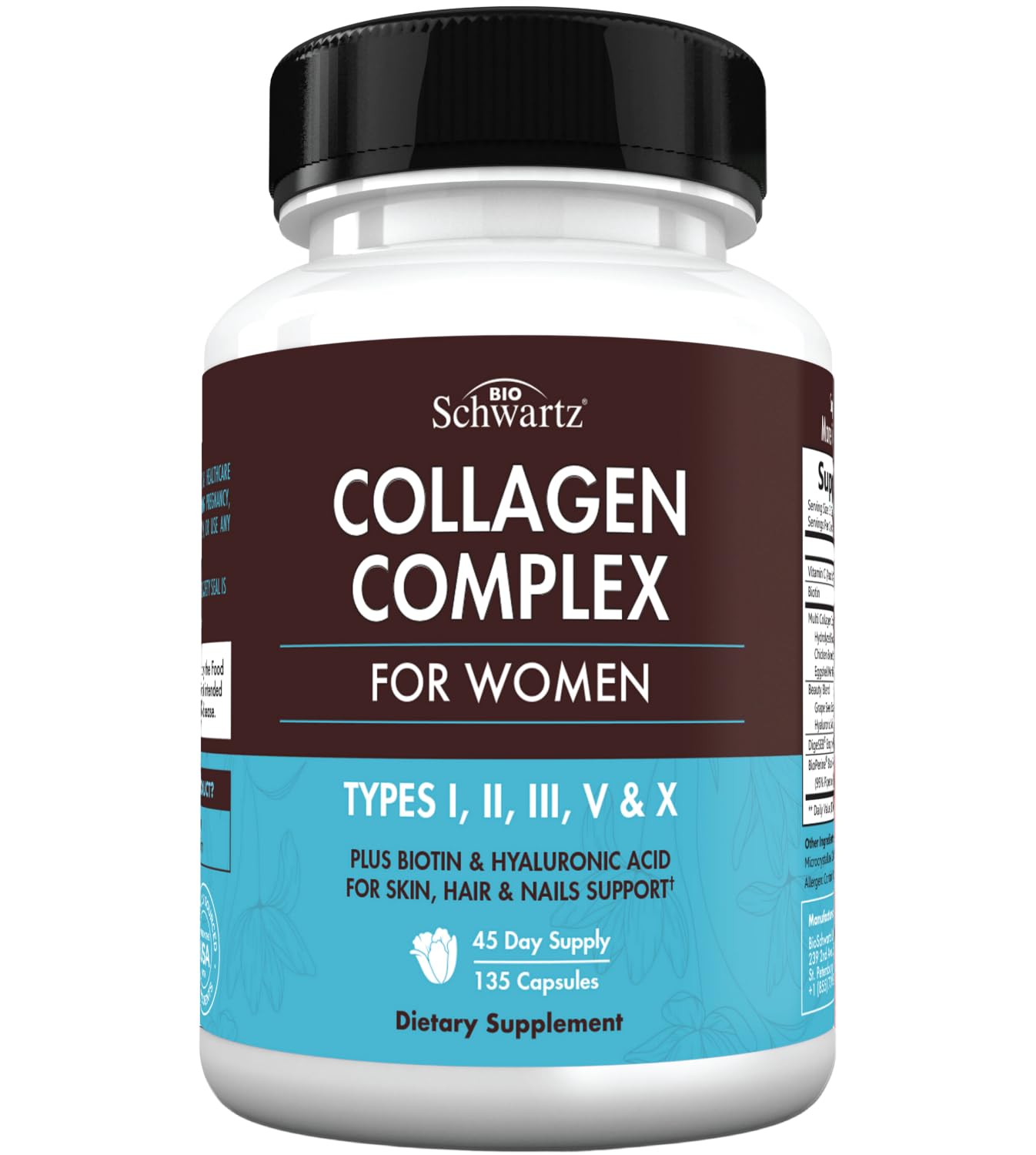 BioSchwartz Hydrolyzed Collagen Peptide Capsules - Multi Collagen Supplements for Women Types I, II, III, V, X with Vitamin C, Biotin,