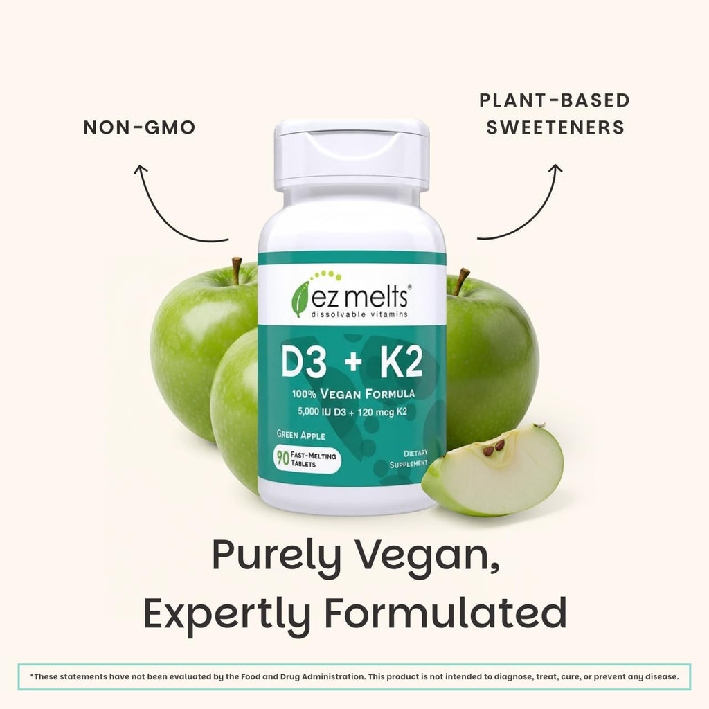 EZ Melts Dissolvable Vegan Vitamin D3 + K2 5,000 IU - Bone & Heart Health Support - Immune Function Support - No Artificial Flavors - Non-GMO - Green Apple