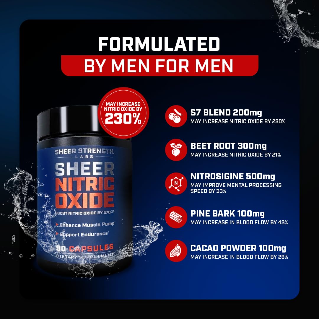 Sheer Strength Labs Nitric Oxide Supplement for Men - Clinically Tested for Pumps & Blood Flow - 270% More Nitric Oxide - Nitrosigine Supplement, S7 & Beetroot - Made in USA - 90 Capsules Sheer Strength Labs Au supplements