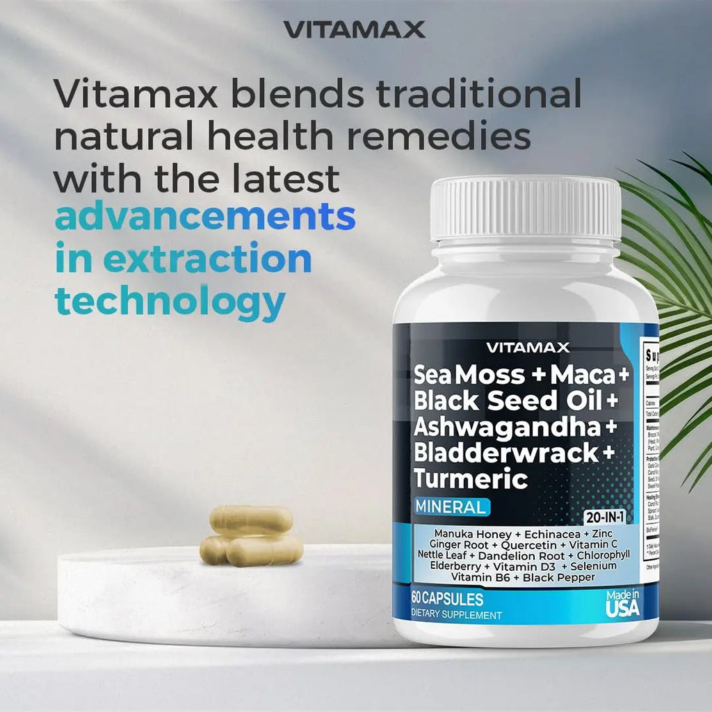 Sea Moss, Maca, Black Seed Oil, Ashwagandha, Bladderwrack, Turmeric Vitamax Au supplements