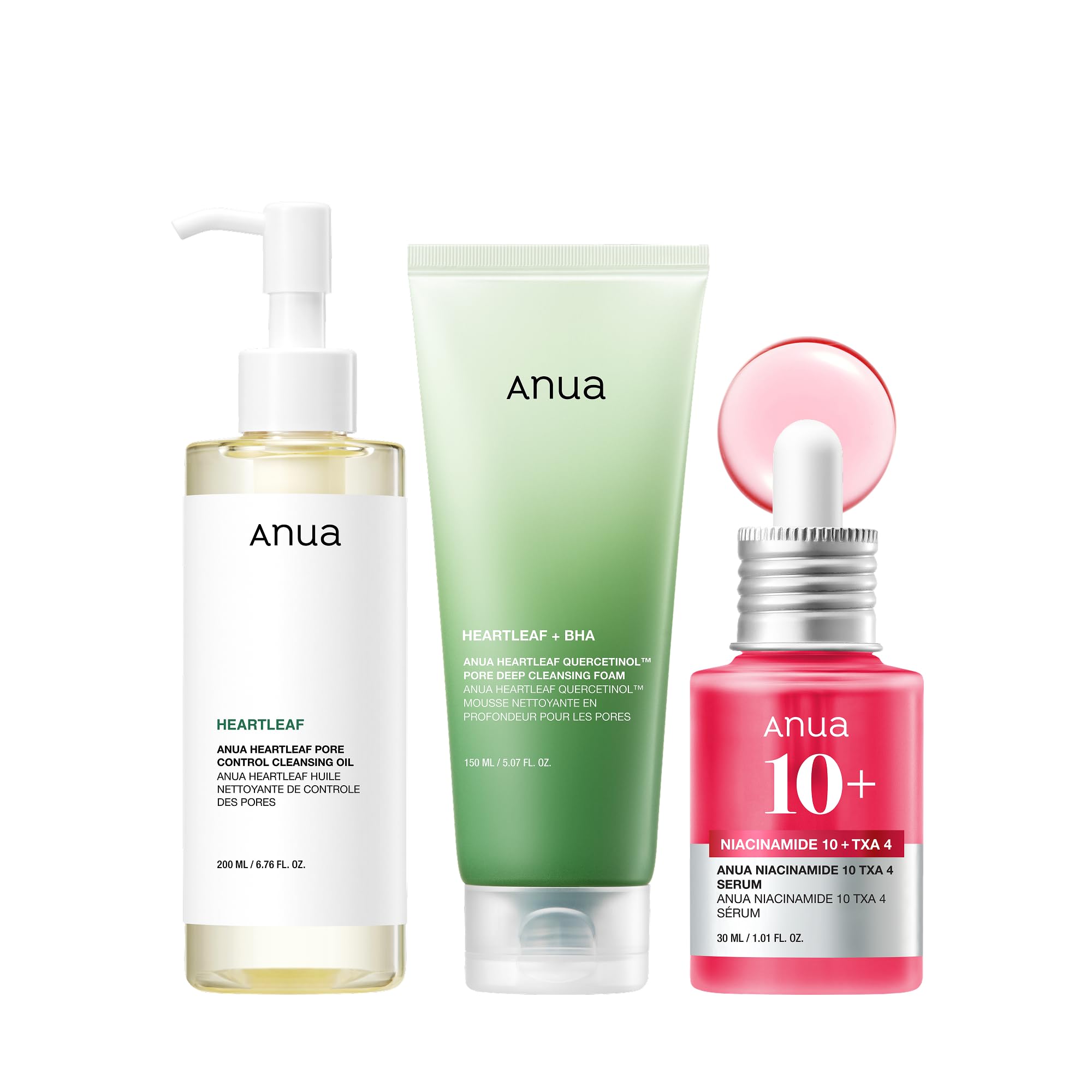 Anua 3-Step Glass Skin Beginner Set, Oil Cleanser and Face Wash with Facial Serum, Double Cleansing Daily