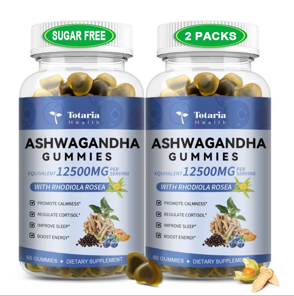 (2 Packs) Sugar Free Ashwagandha Filled Gummies w/Vitamin D3, Magnesium Glycinate, Rhodiola, Ultra Strength Ashwa Root Supplements for Women & Wen, for Relaxation, Energy, Cortisol Gummies Totaria Au supplements