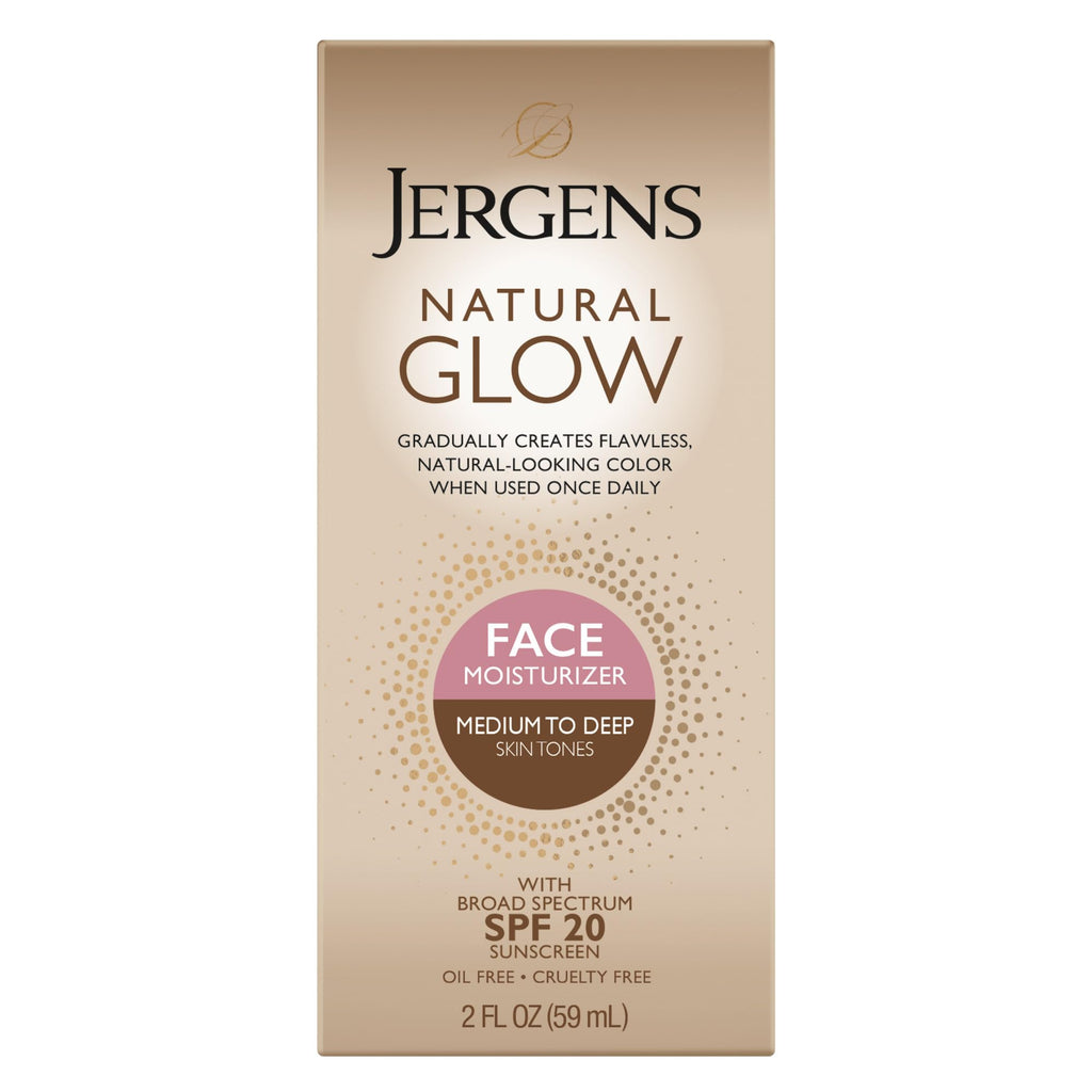 Jergens Natural Glow Self Tanner Face Moisturizer with SPF 20 Facial Sunscreen, Medium to Deep Skin Tone, Sunless Tanning, Oil Free