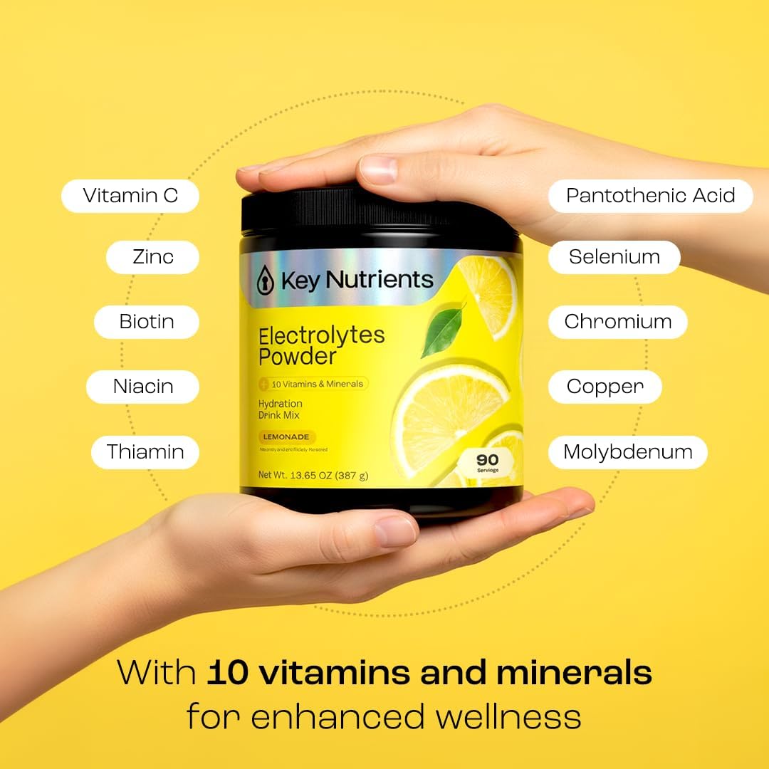 KEY NUTRIENTS Multivitamin Electrolytes Powder No Sugar - Refreshing Lemonade Electrolyte Powder - Sodium & Energy Supplement - Hydration Powder