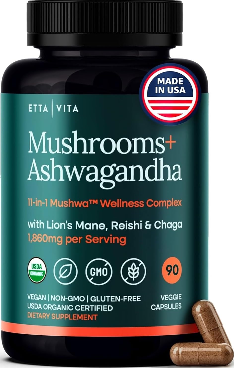 USDA Organic Lions Mane Supplement Capsules with Ashwagandha, Chaga, Reishi, Cordyceps, Turkey Tail (18,600mg/serv) 10x Adaptogenic Mushroom Complex as Focus Supplement - Energy, Immunity & Nootropic Etta Vita Au supplements