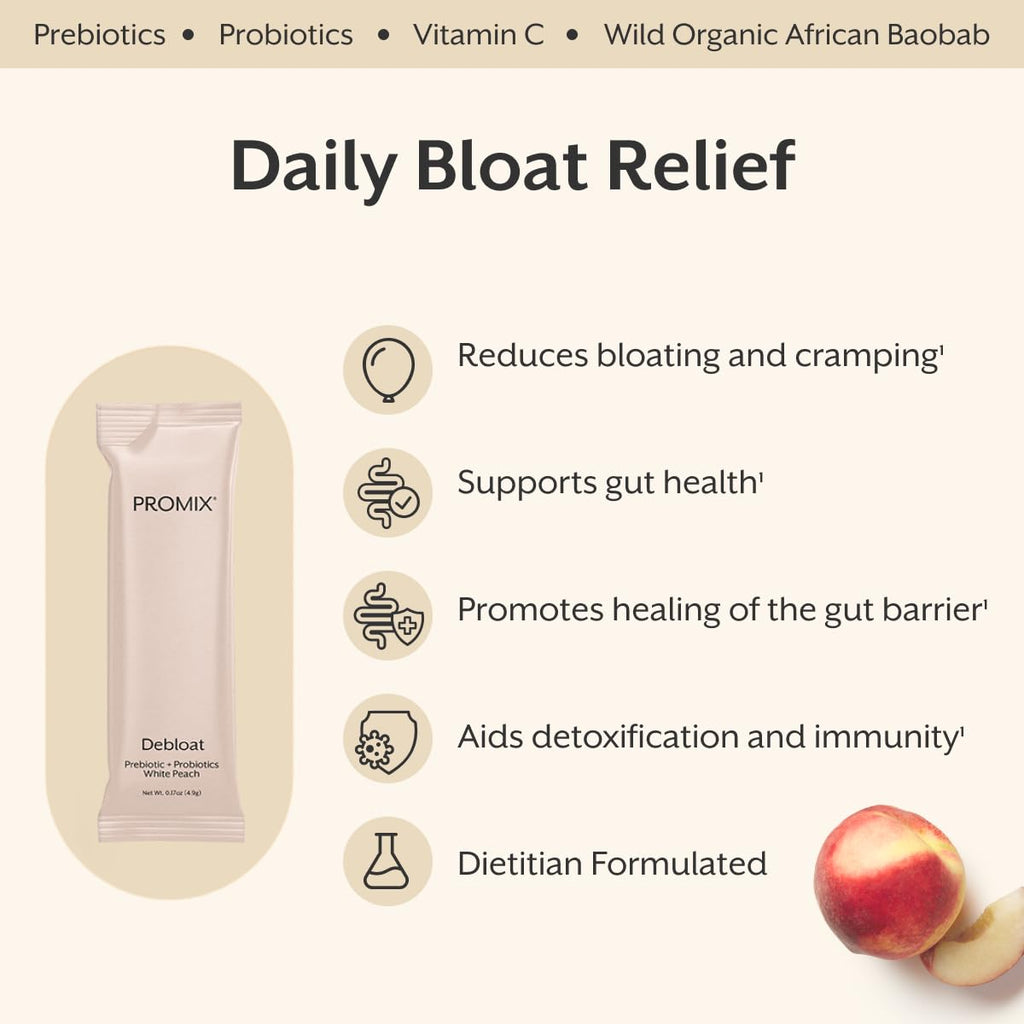 ProMix Nutrition Debloat Prebiotics and Probiotics, Bloating Relief for Women, Gut Cleanse Detox for Men and Immune Support - White Peach - 30 Servings (Pack of 30) ProMix Nutrition Au supplements