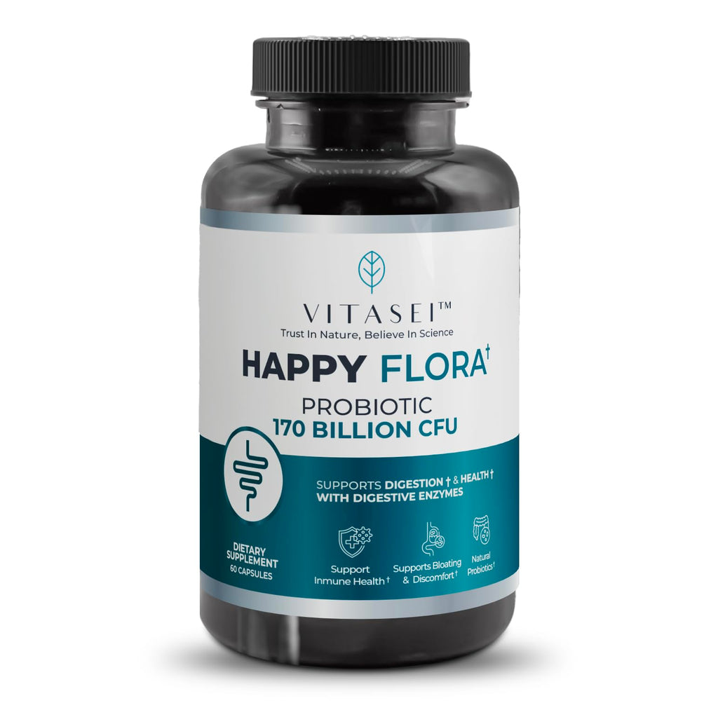 VITASEI Happy Flora, Probiotic Supplement 170 Billion CFU for a Healthy Gut Health with enzymes for Digestion, probiotics for Women and Men, 1 Bottle - 60 Capsules VITASEI Au supplements