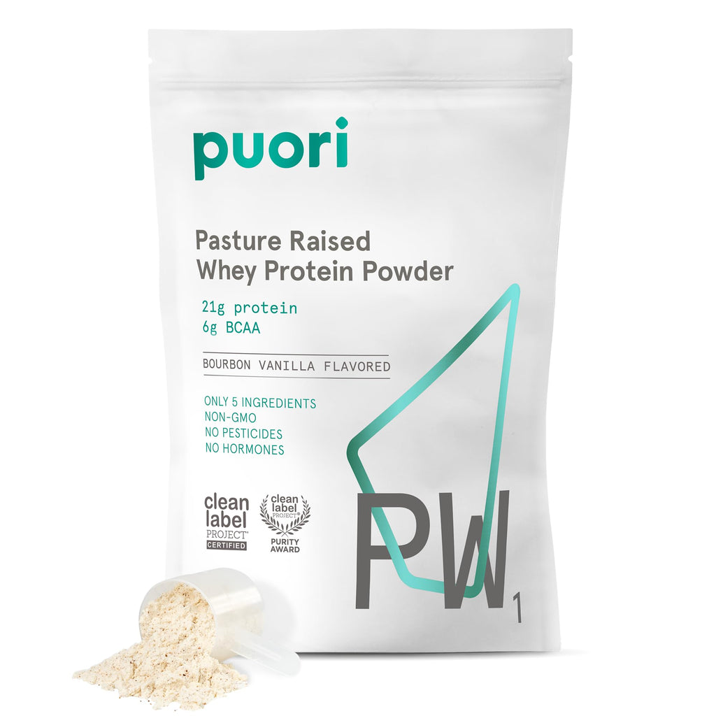 Puori Whey Protein Powder, Bourbon Vanilla - PW1 Pasture-Raised, Grass-Fed Whey Protein Powder Drink Mix containing BCAA Amino Acids - Post-Workout Supplement