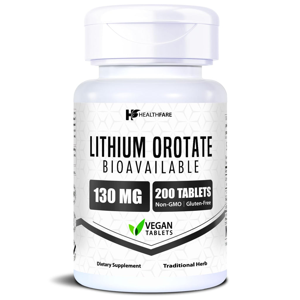 HealthFare Lithium Orotate Supplement 130mg | 200 Vegetarian Tablets | High Bioavailability Trace Mineral | Mood, Brain & Memory Support