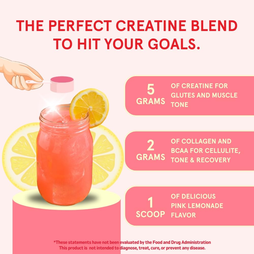Peach Perfect Creatine Blend for Women – Micronized Creatine Monohydrate with BCAA & Collagen for Glute Strength Support – Pink Lemonade – 30 Servings