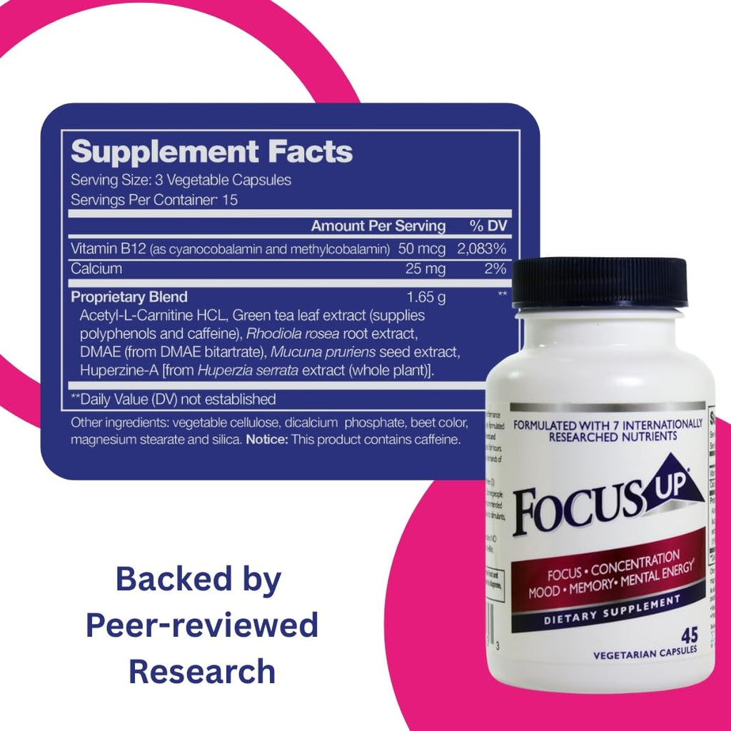 FocusUP Brain & Energy Support Supplement – Natural Nootropic Capsules with Acetyl L-Carnitine, Rhodiola, DMAE & Huperzine-A | Supports Focus, Memory, Mood & Mental Clarity | 45 Sugar-Free Capsules Xooma Au supplements