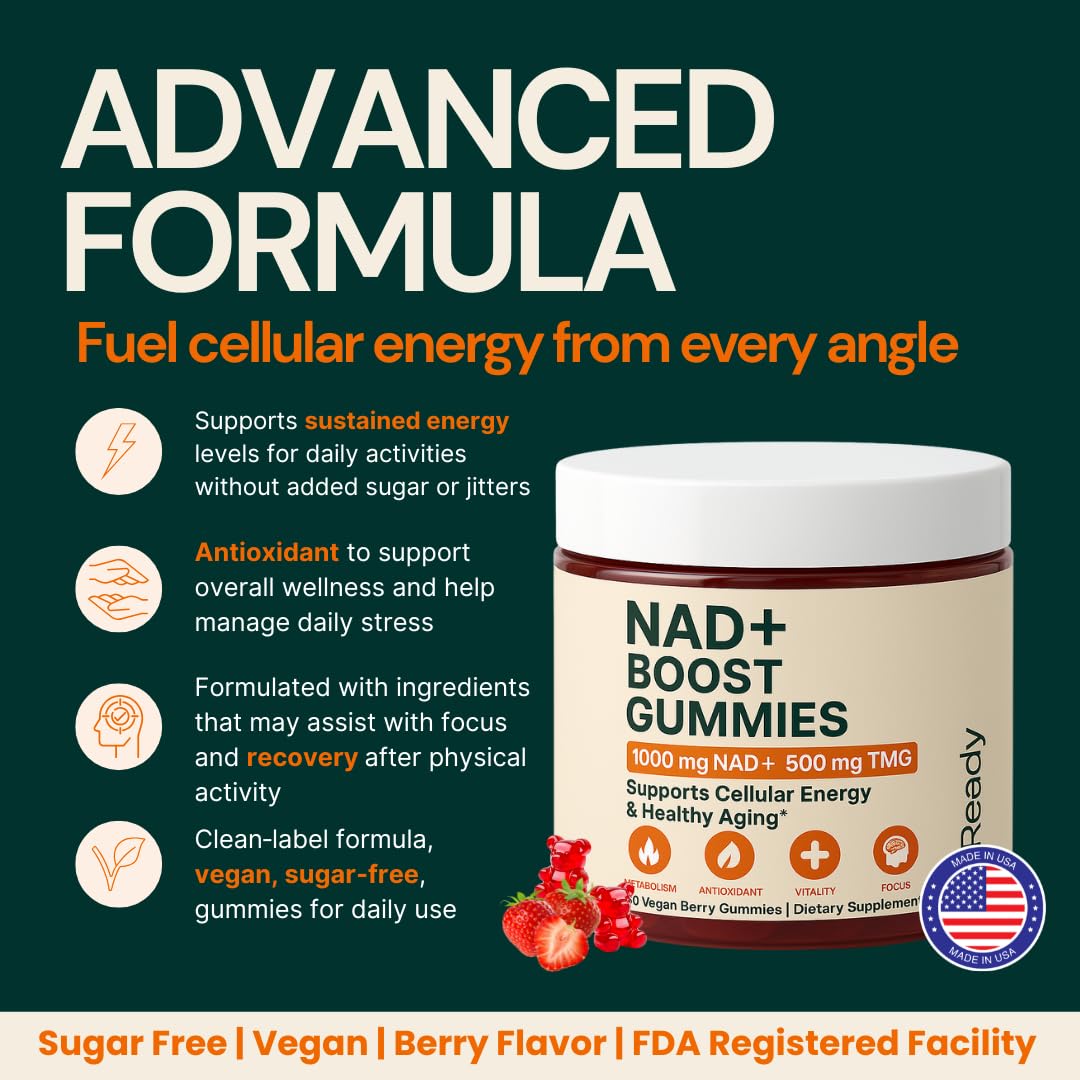 b.Ready NAD+ Gummies, Premium 1000 mg NAD Supplement with 500 mg TMG, Grape Seed & Black Pepper Extract – NAD+ for Healthy Aging, Cellular Energy & Antioxidant Support, Vegan, Sugar-Free, 60 Count b.Ready Au supplements