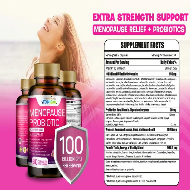 Menopause Support for Women – Hormone-Free Prebiotics & Probiotics 100 Billion CFU with Black Cohosh & Ashwagandha | Feminine Care, pH Balance, Vaginal Health, Hot Flashes, Night Sweats & Mood Swings VITAMISAN Au supplements