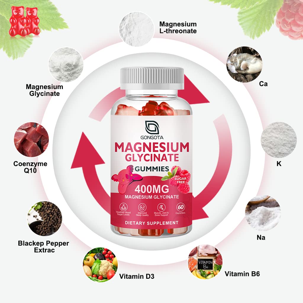 Magnesium Glycinate Gummies 400 mg with 100 mg Composite magnesium - Chelated Magnesium Potassium Supplement with Vitamin D, B6 Supports Calm, Sleep, Memory & Muscle Cramps,Sugar Free - 120 Gummies GONGOTA Au supplements