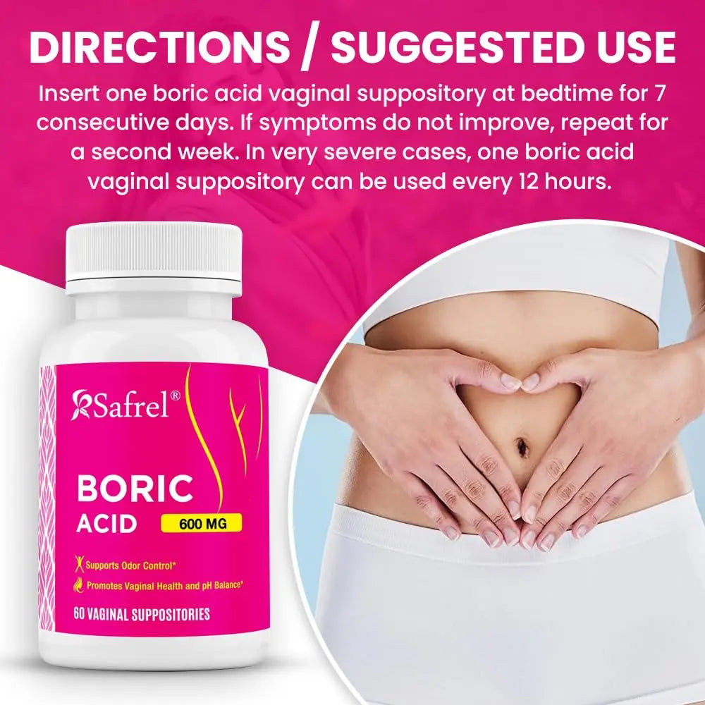 Safrel Boric Acid Vaginal Suppositories - 60 Count (1-Pack) – 100% Pure USA-Made, Supports Intimate Safrel Au supplements
