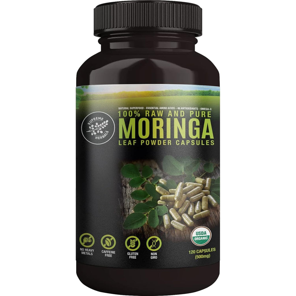 SUPREME HERBALS, 100% Raw and Pure Moringa Leaf Powder Capsules. Organic Certified Moringa Leaf. Natural Superfood with Essential Amino Acids