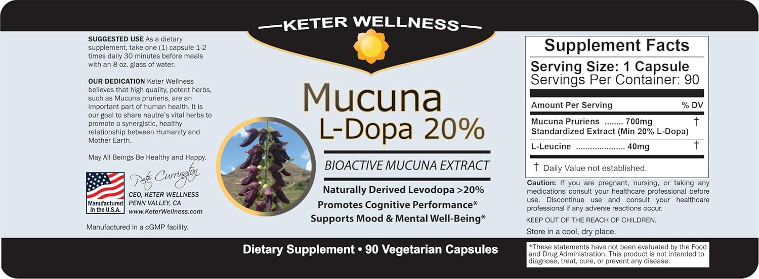 Mucuna Pruriens 20% L-Dopa – Standardized Velvet Bean Extract for Natural Dopamine, Focus & Mood Support – Pure 8:1 Concentrated Herbal Supplement – Vegan, Non-GMO, 90 Capsules Keter Wellness Au supplements