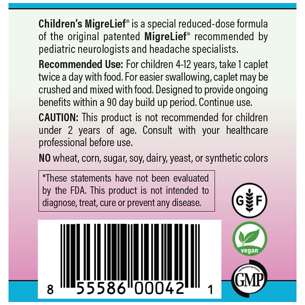 Children's MigreLief® - Triple Therapy with Puracol™ - Nutritional Support for Pediatric Migraine Sufferers - 60 Caplets/1 Month Supply MigreLief Au supplements