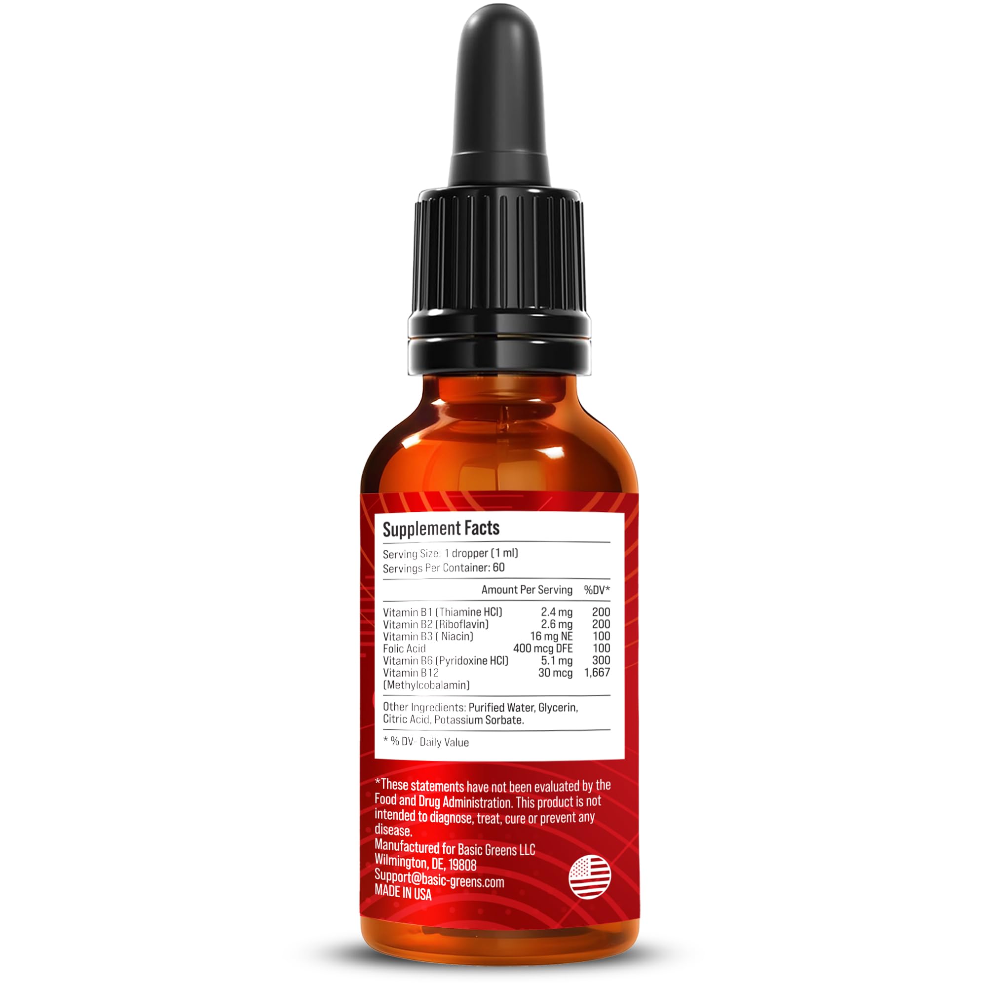 BASIC GREENS Vitamin B Complex Liquid Drops - Strength Sublingual Formula, Maximizes Absorption & Boosts Energy - B1, B2, B3, B5, B6, B7, B9, B12 - Natural Vegan Supplement