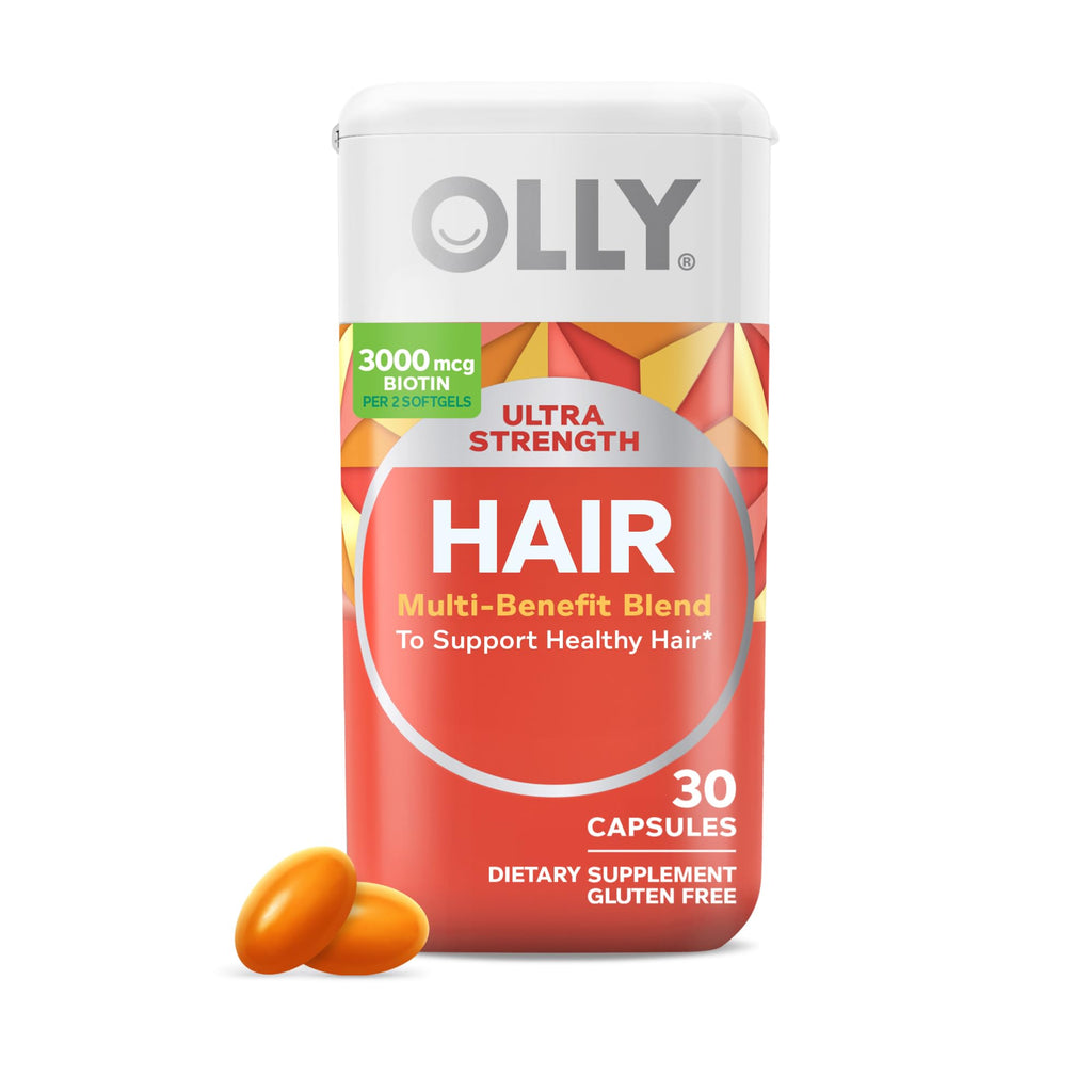 OLLY Ultra Strength Hair Softgels, Supports Hair Health, Biotin, Keratin, Vitamin D, B12, Hair Supplement, 30 Day Supply