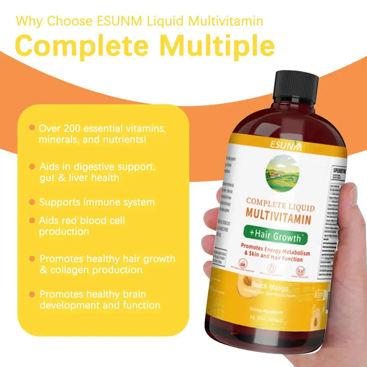 ESUNM Complete Liquid Multivitamin + Hair Growth, Promotes Energy Metabolism& Skin and Hair Function| Vitamin C D | B Vitamins | ESUNM Au supplements