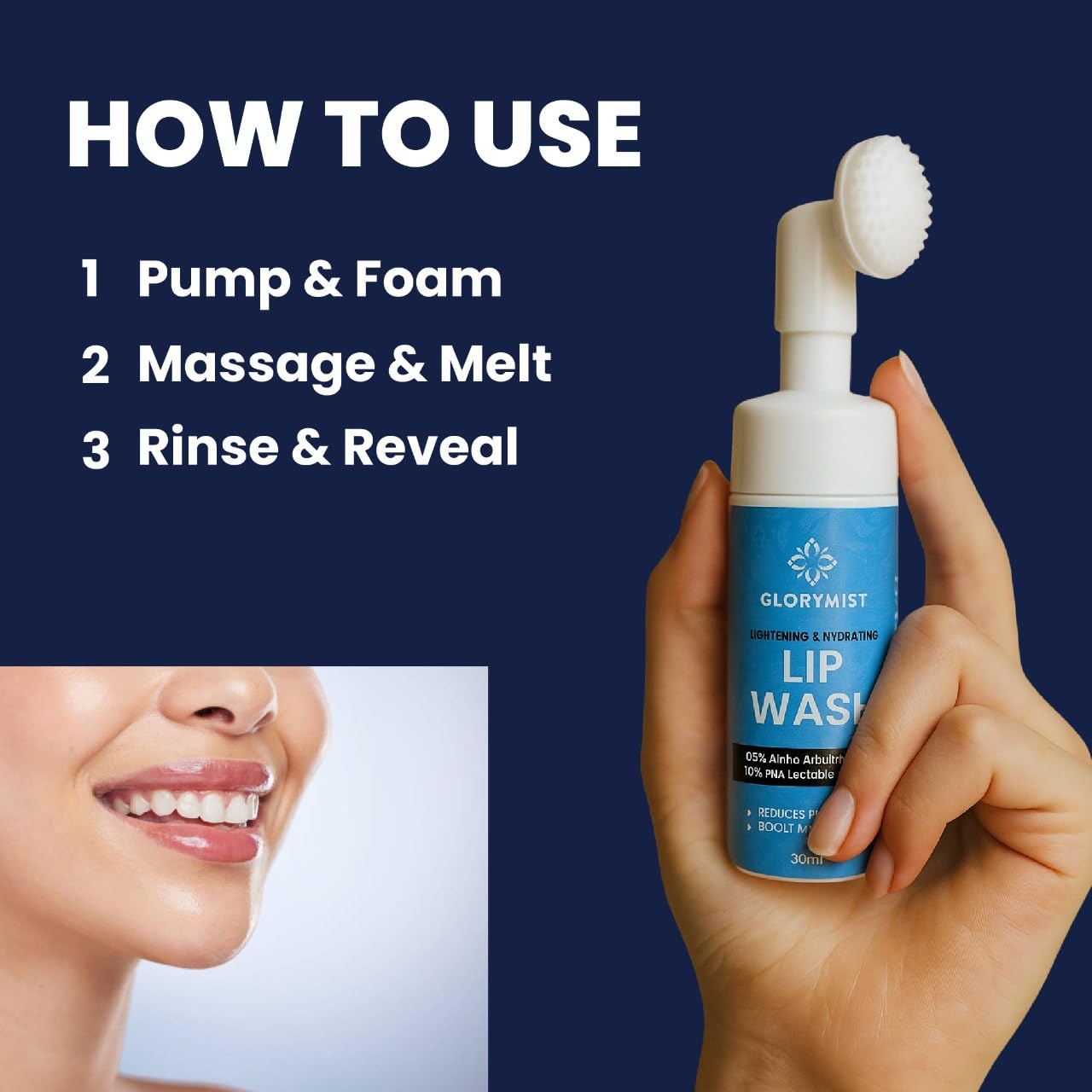 GloryMist All In One Lip Wash & Silicone Brush – Hydrating, Brightening & Exfoliating foaming Cleanser for Dry
