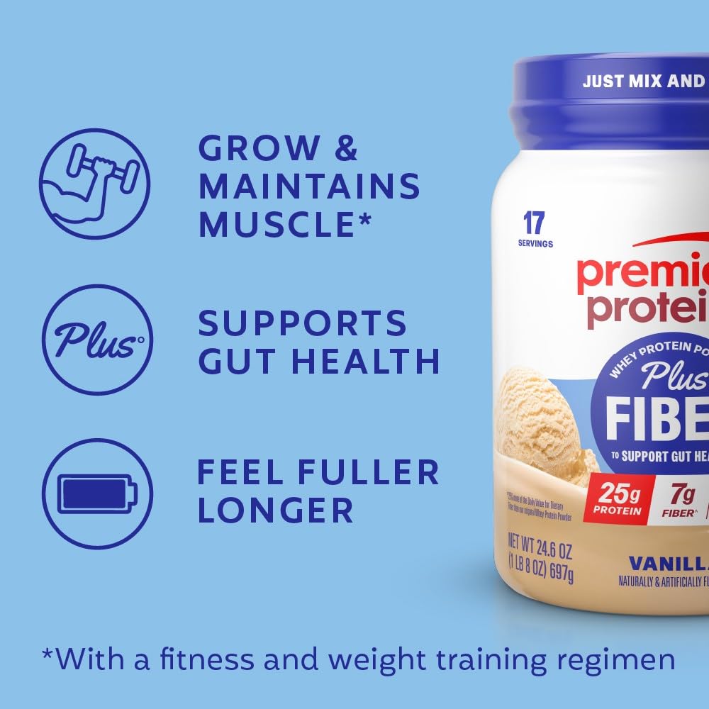Premier Protein Powder Plus Fiber, Vanilla, 25g Protein, 7g Fiber to Support Gut Health, No Added Sugar (17 Servings)