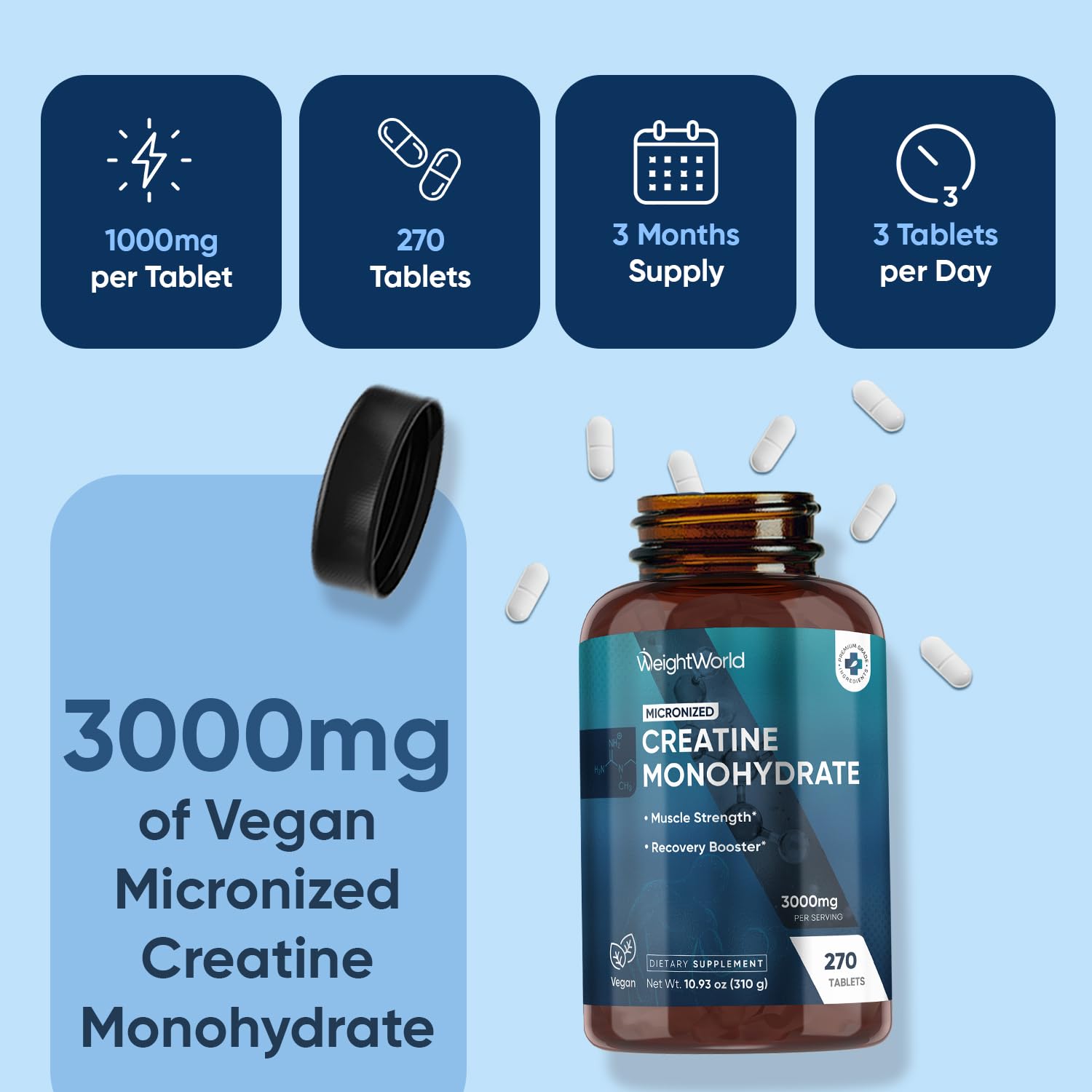 WeightWorld Micronized Creatine Monohydrate 3000mg Vegan Tablets | Muscle Strength & Recovery Booster | 3 Months Supply - 270 Tabs | Creatine for Women & Men | Non-GMO, Gluten-Free | 3 Tablets a Day WeightWorld Au supplements