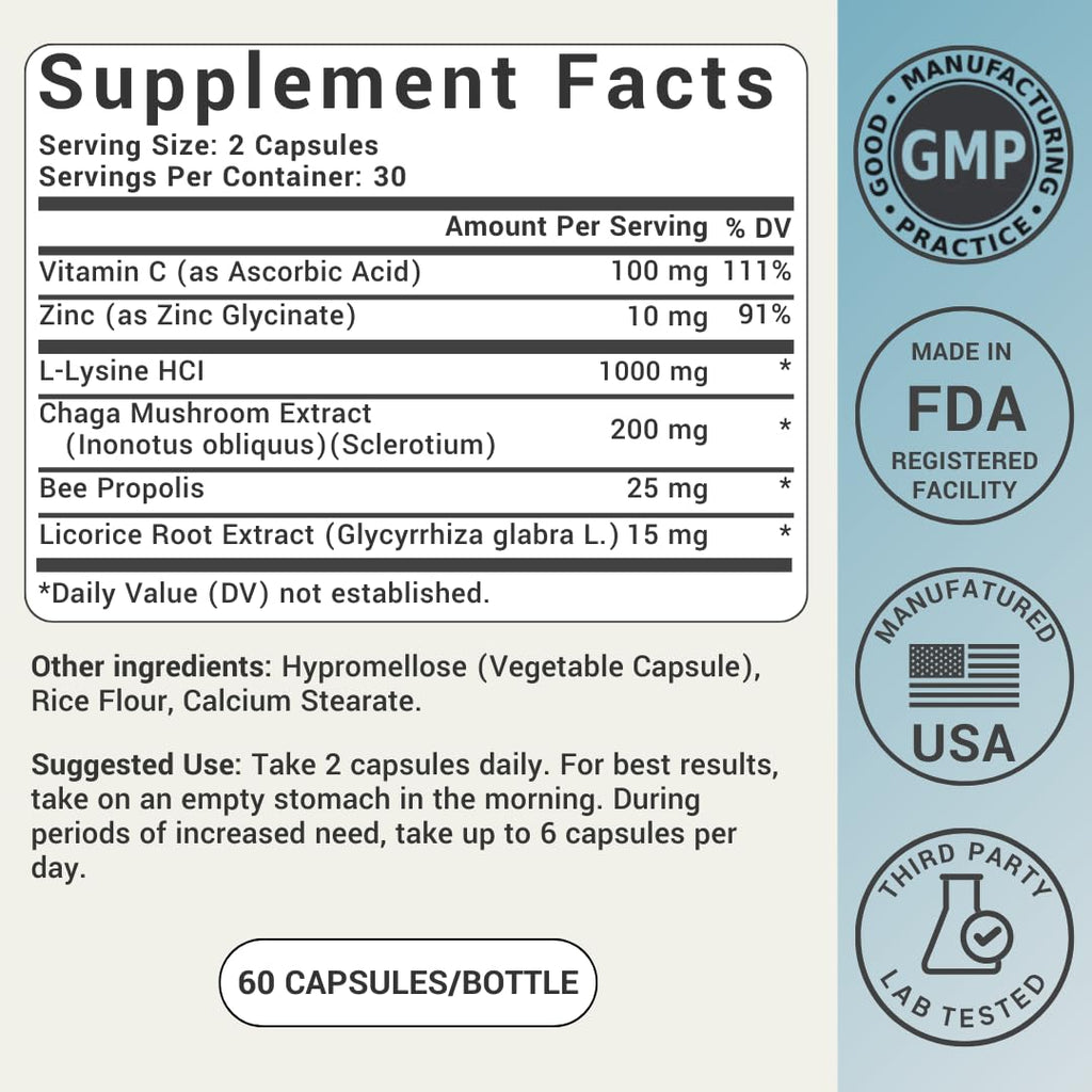 L-Lysine Cold Sore Treatment For Lips With Immune Support - L Lysine 1000mg Capsules, Chaga, Bee Propolis, Vitamin C, Zinc & Licorice Root Extract - Non-GMO, Vegetarian,