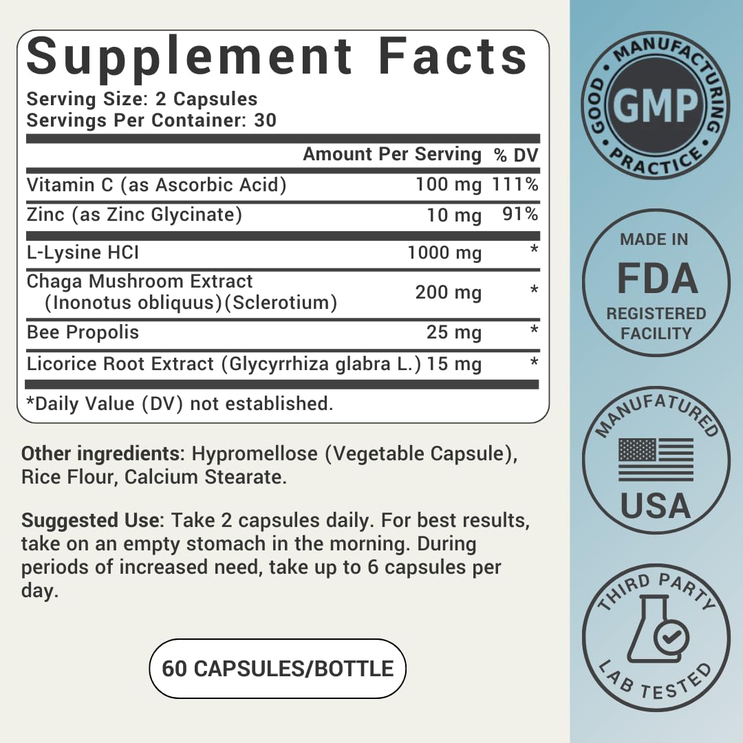 L-Lysine Cold Sore Treatment For Lips With Immune Support - L Lysine 1000mg Capsules, Chaga, Bee Propolis, Vitamin C, Zinc & Licorice Root Extract - Non-GMO, Vegetarian,