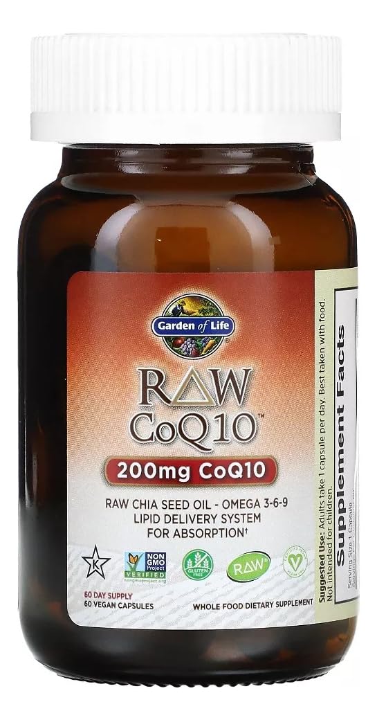 Garden of Life CoQ10 200mg, Vegetarian Omega 3 6 9 Supplement Raw Co Q 10 Chia Seed Oil, Whole Food Nutrition with Antioxidant Support