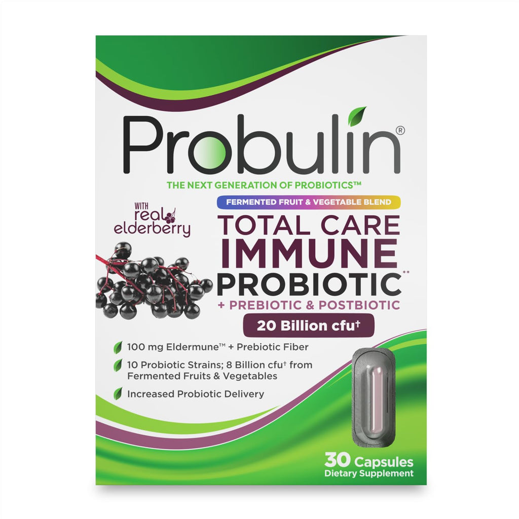 Probulin Total Care Immune = Prebiotics + Probiotics + Postbiotics + Elderberry to Support Immune & Gut Health - 20 Billion CFU - 10 Probiotic Strains, 30 Vegan Capsules Probulin Au supplements