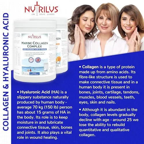 Hydrolysed Marine Collagen Powder 300g with Hyaluronic Acid and Vitamins - 29 Servings Nutrilus Au supplements