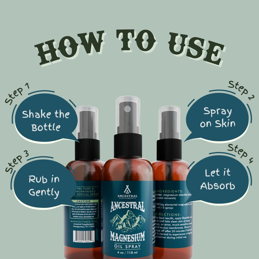 Ancestral Supplements Magnesium Spray, Magnesium for Sleep + Muscle Support, Made with Magnesium Chloride & Natural Minerals, Fast Absorbing Topical Magnesium Oil Supplement for Body Application, 4 oz Ancestral Supplements Au supplements
