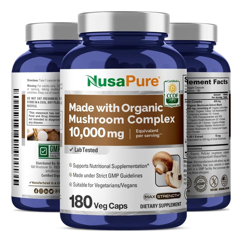 NusaPure Organic Mushroom Complex 10,000mg per Capsule, 180 Veggie Caps, Non-GMO, Enoki, Turkey Tail, Reishi, Chaga, Maitake NusaPure Au supplements