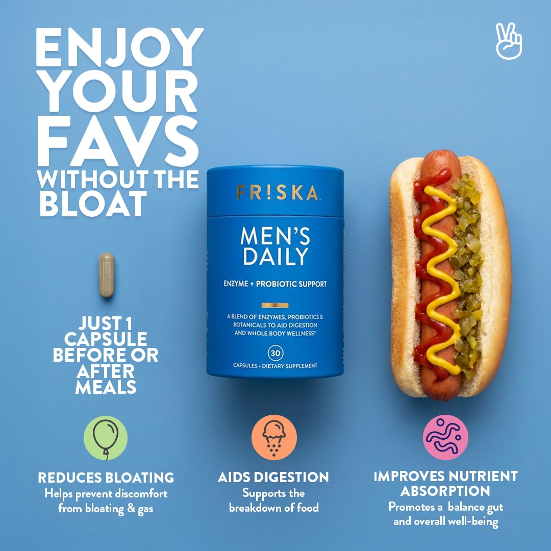 Friska Daily Digestive Enzymes with Probiotics for Men - Helps Break Down Protein, Fat & Carbs, Reduces Bloating & Gas, with Vitamins B6 & B12, 30 Capsules FR!SKA Au supplements