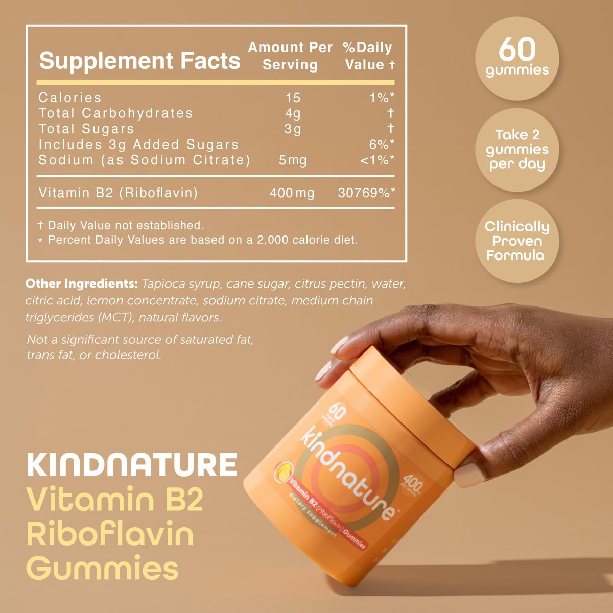 kindnature Vitamin B2 Gummies - Riboflavin 400mg Supplement for Kids & Adults - Non-GMO, Soy & Gluten-Free